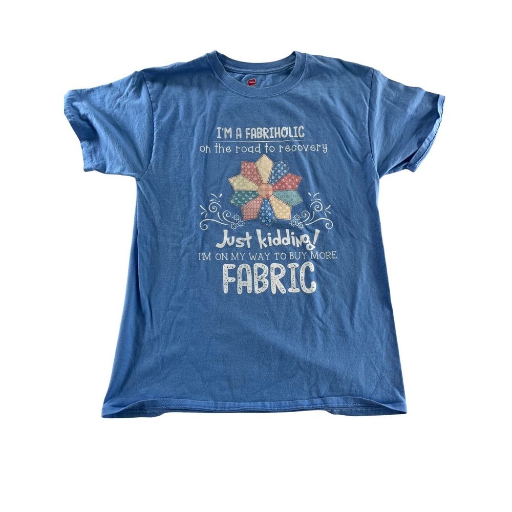 Hanes Fabriholic T-Shirt Women's Medium Blue Quilting Fabric‎ Graphic Tee